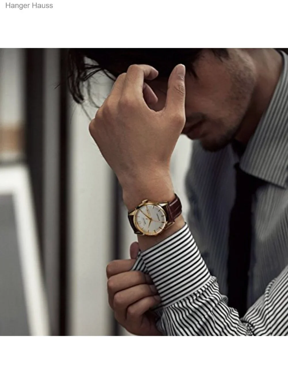Men's Automatic Mechanical Watch Gold Classic Retro Day Date Genuine Leather